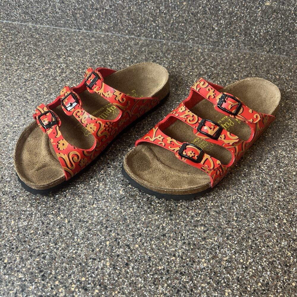 Papillio By Birkenstock Florida Three Strap Womens Sz 6 N EU 37 Red Floral Swirl - Picture 3 of 12